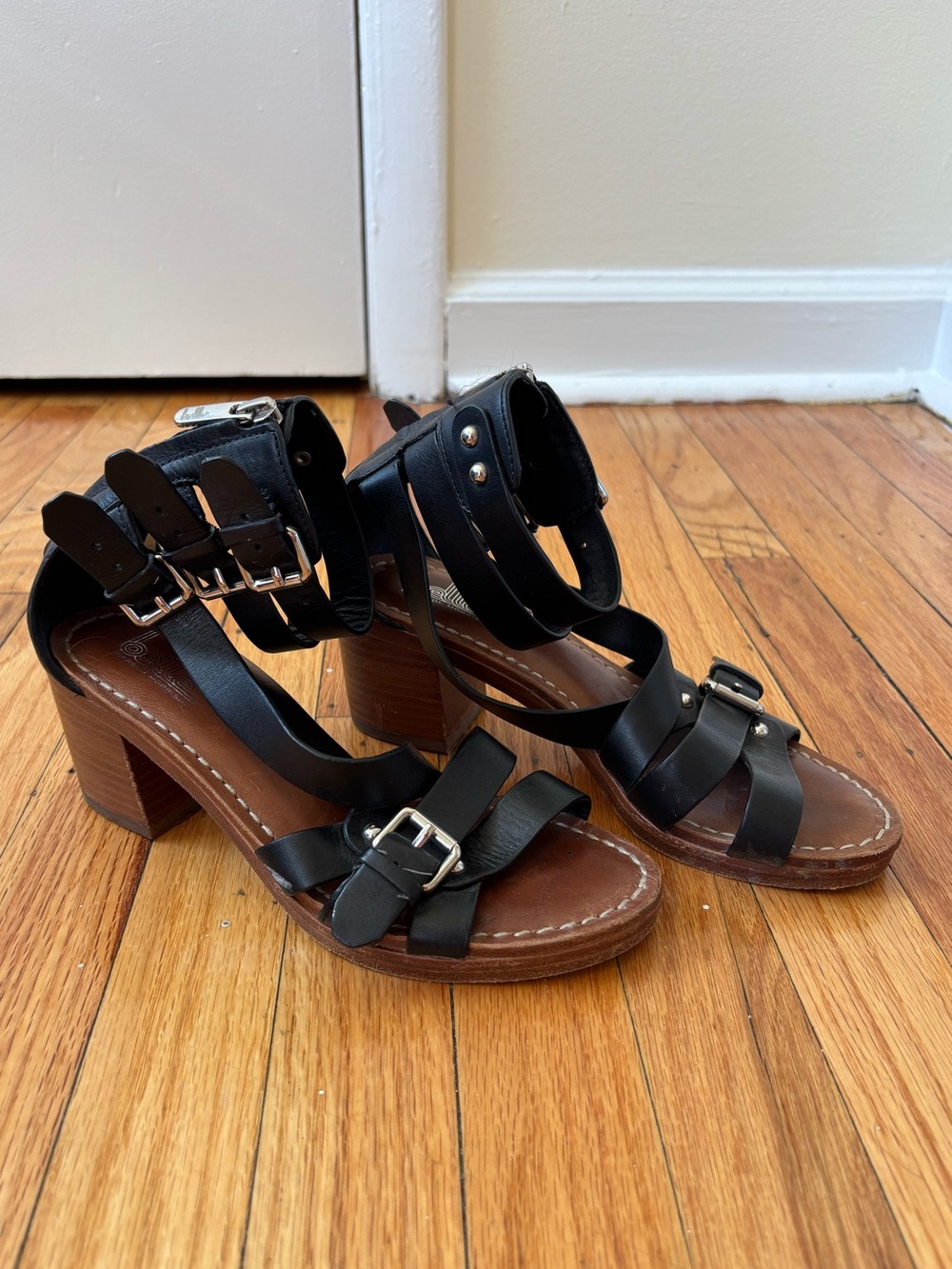 Black Strappy Buckle Block Heels